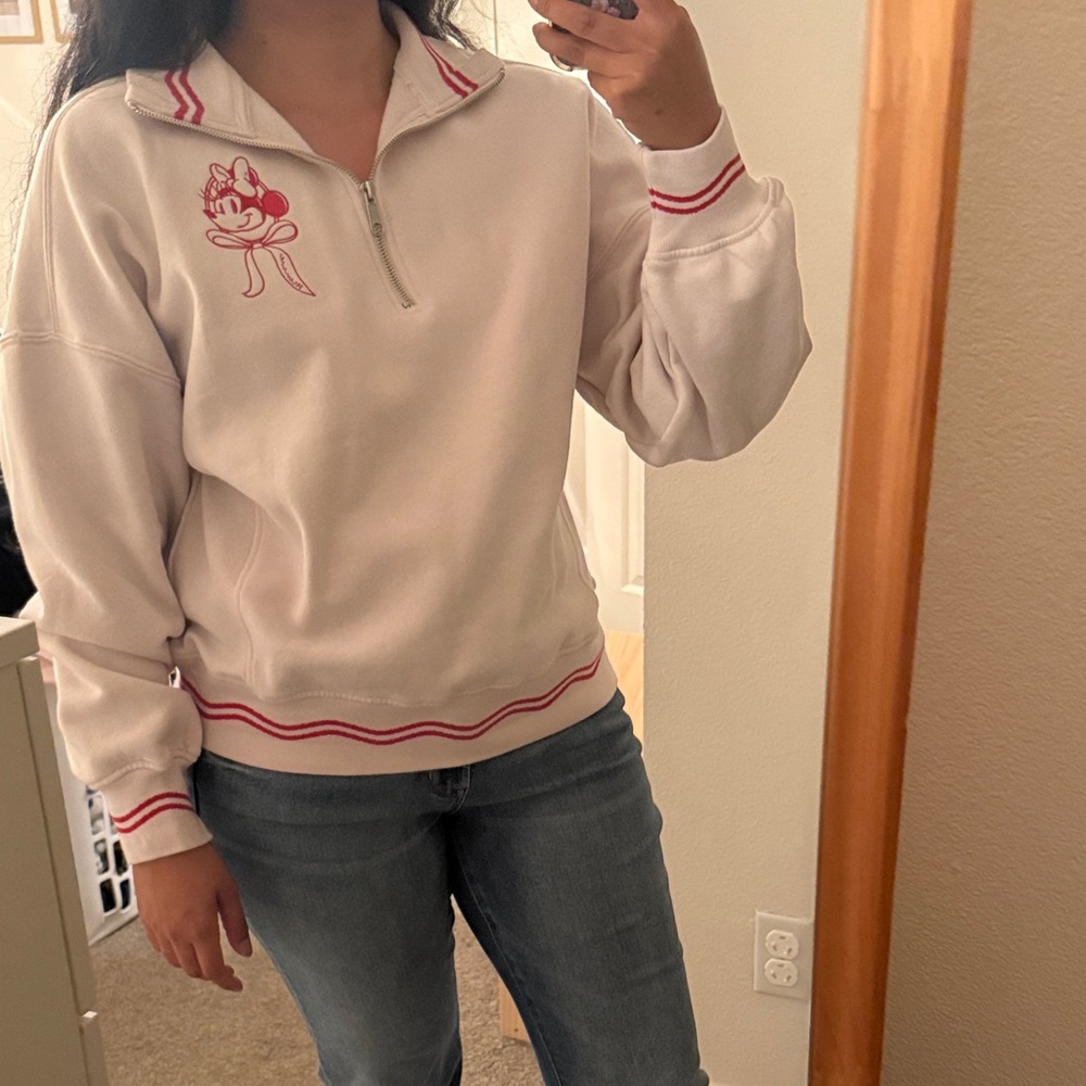 Women’s Minnie Mouse Bow Red & Ivory 1/4 Zip Fleece Pullover size Medium